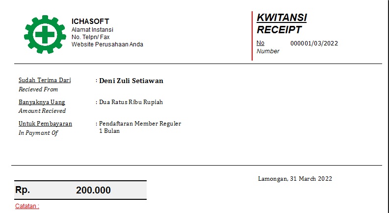 Kwitansi Pembayaran Member